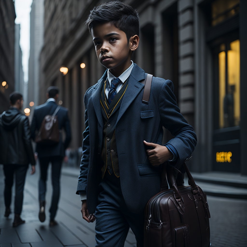  Un niño profesional con un elegante traje a medida y un maletín de cuero, caminando con confianza por una concurrida calle de la ciudad.