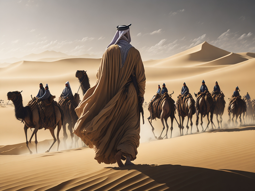  Un majestuoso hombre árabe se alza en el vasto desierto, con sus túnicas tradicionales ondeando al viento mientras una caravana de camellos lo sigue.