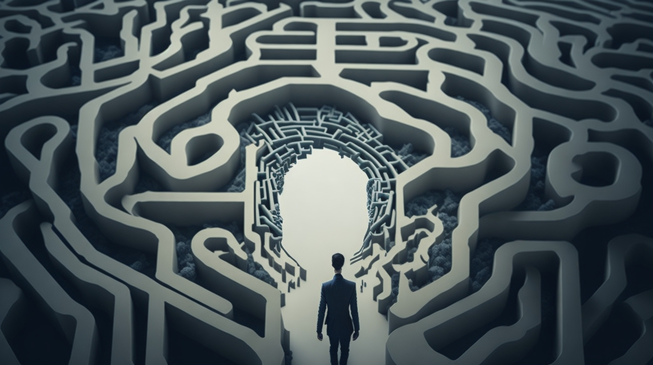  Una persona, con un laberinto de caminos y símbolos que representan la complejidad de la resolución de problemas.
